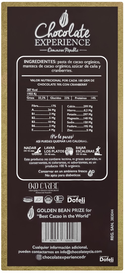 This 70% cacao creation from Chocolate Experience in the Dominican Republic is enriched with organic cranberries and contains no artificial ingredients.